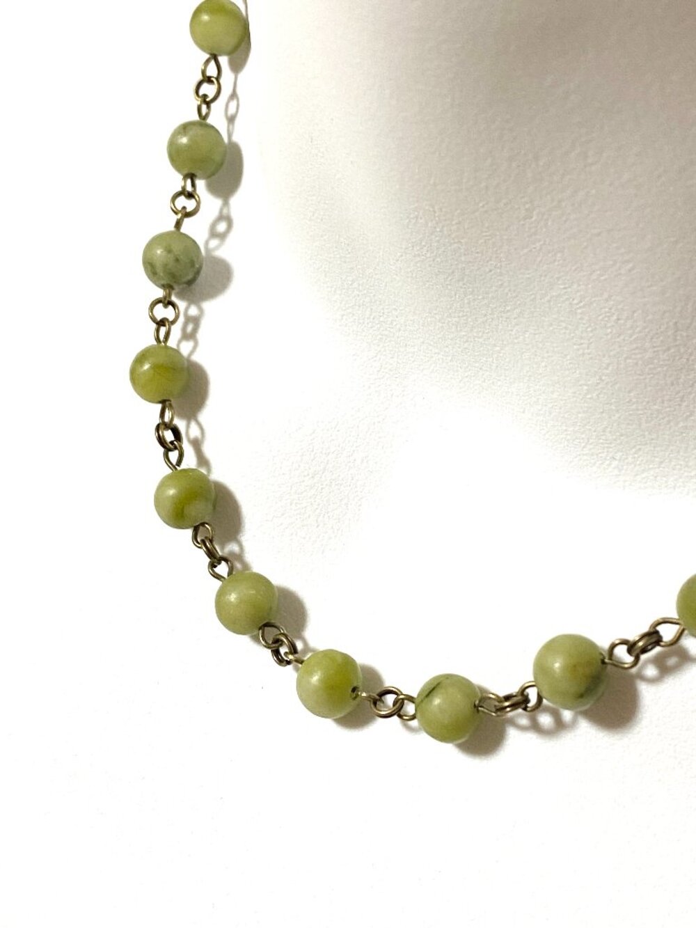 Genuine Fern Green Serpentine Short Necklace, Natural Gemstone & Bronze Links